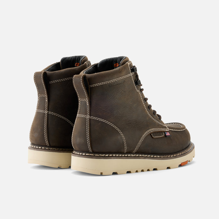 45 degree angle of the back BRUNT USA 6 inch waterproof welted moc toe marin work boot in dark brown