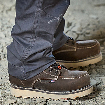 BRUNT USA 6 inch waterproof welted moc toe marin work boot in dark brown on jobsite
