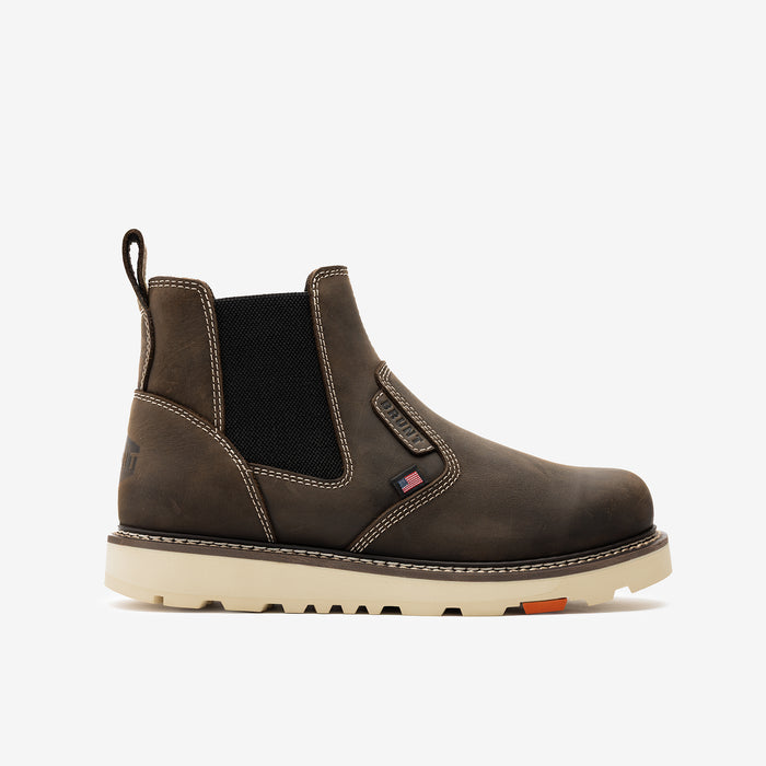 Right side of the BRUNT 6 inch usa welted comp toe slip on work boot in dark brown