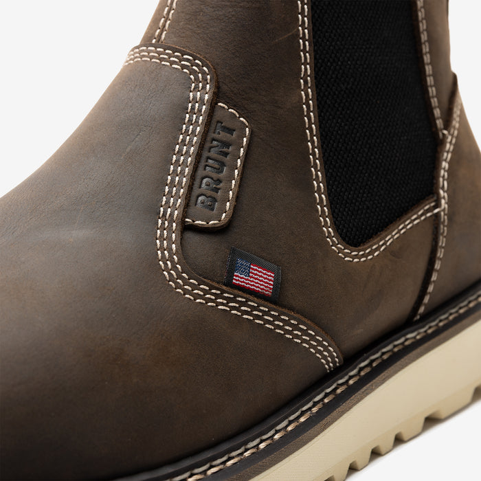 Close up of the BRUNT 6 inch usa welted slip on work boot in dark brown