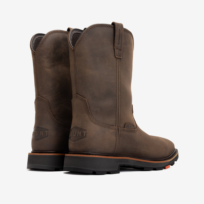 45 degree angle of the back BRUNT 10 inch waterproof square toe work boot in dark brown