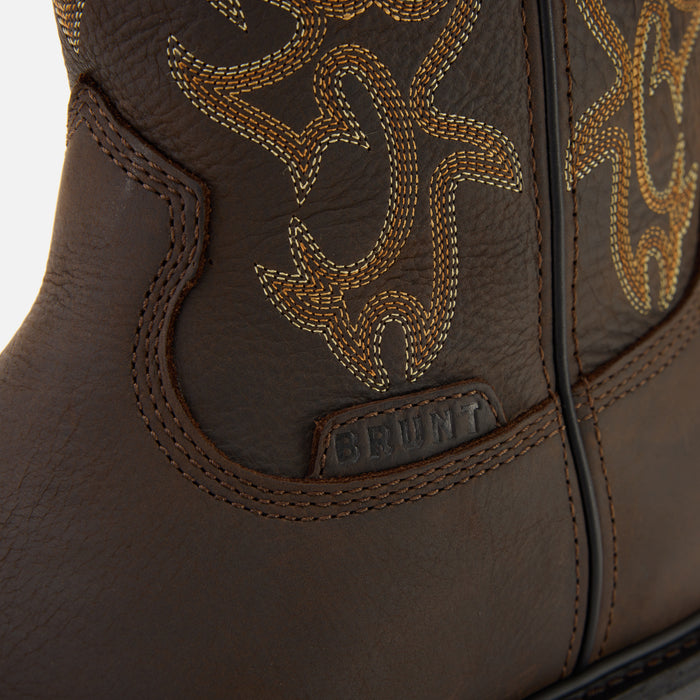 Close up details of the BRUNT 10 inch welted composite square toe work boot in dark brown