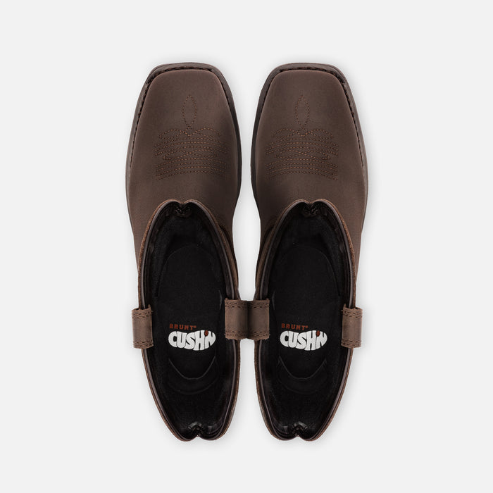 Above shot of the toe shape of the BRUNT 10 inch welted composite square toe work boot in dark brown