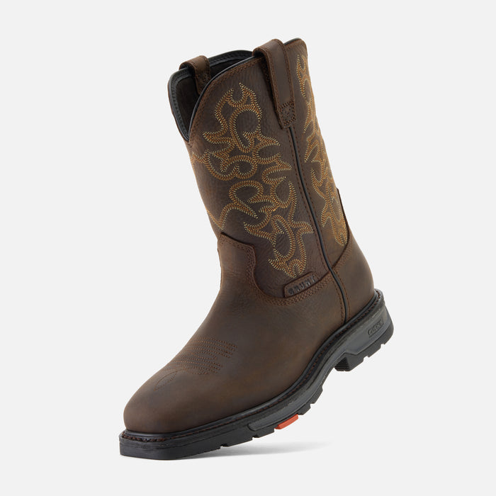 45 degree angle of the left BRUNT 10 inch welted square toe work boot in dark brown