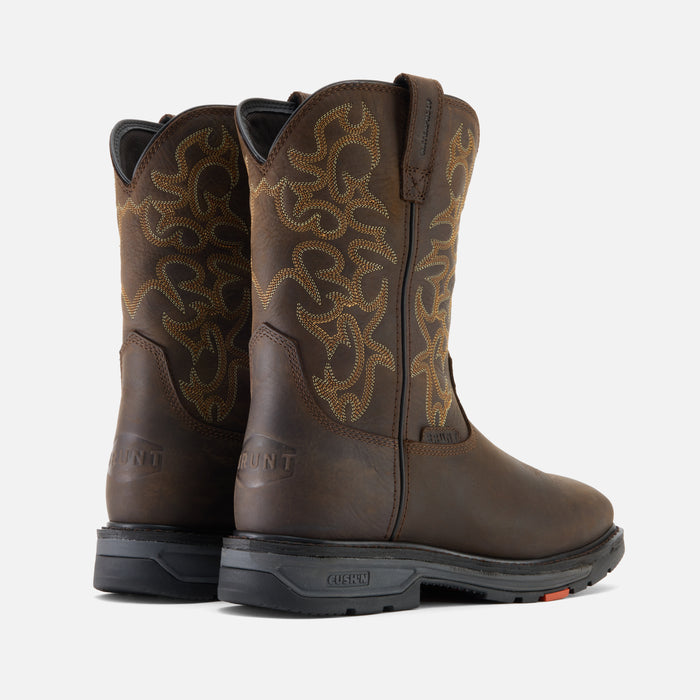 45 degree angle of the back BRUNT 10 inch welted waterproof square toe work boot in dark brown