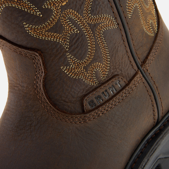 Close up details of the BRUNT 10 inch welted waterproof square toe work boot in dark brown