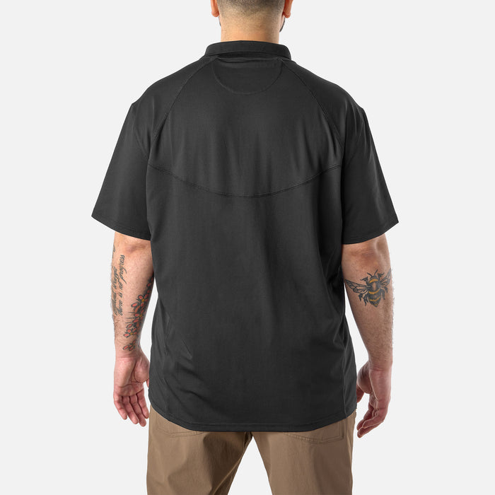 Back of the BRUNT lightweight breathable ventilated tech polo with UPF protection in black * 0