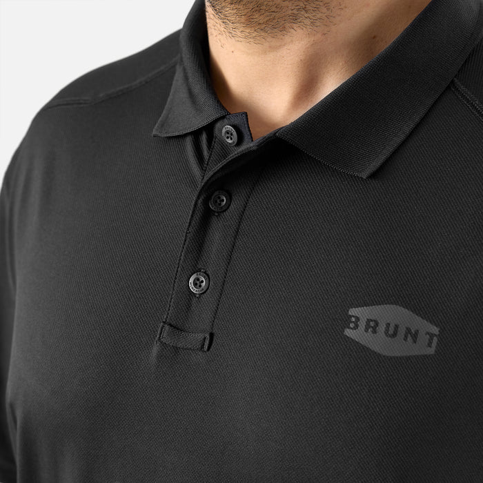 Close up of button collar of the BRUNT lightweight breathable ventilated tech polo with UPF protection in black * 0