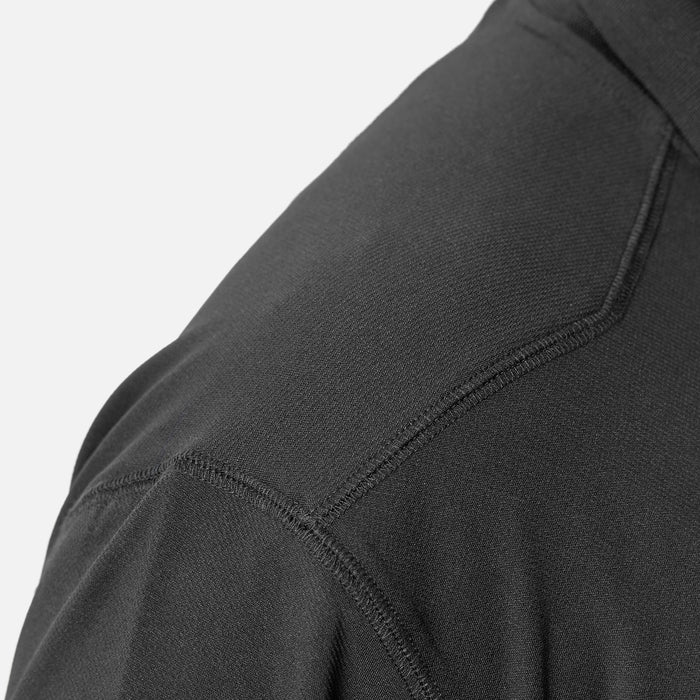 Close up of drop should seam of the BRUNT lightweight breathable ventilated tech polo with UPF protection in black * 0
