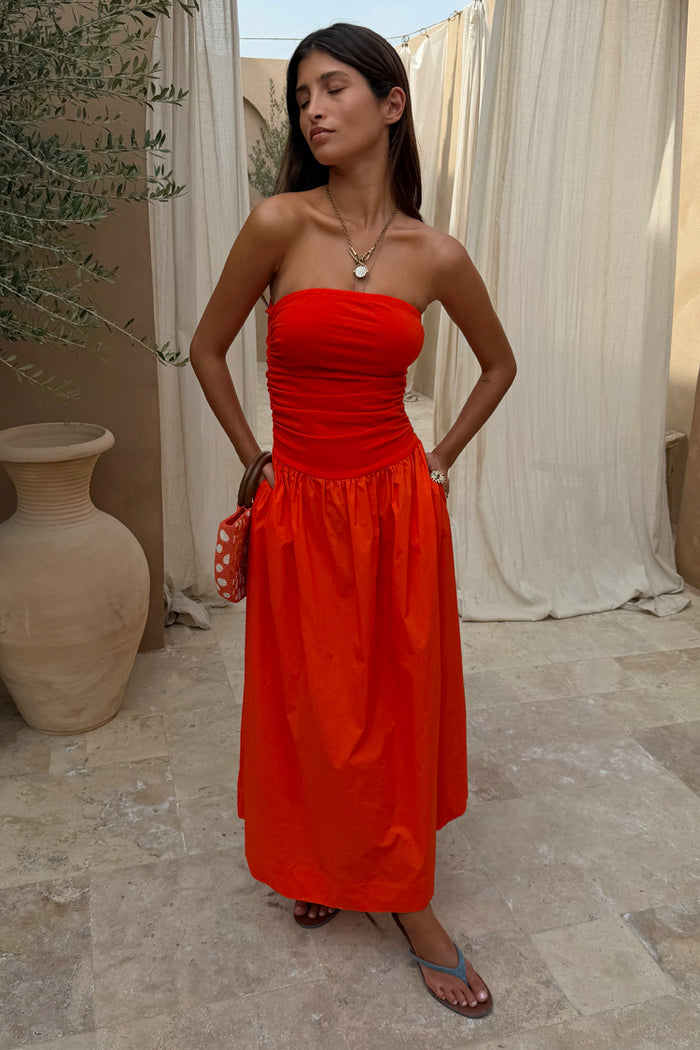 Red Tomato Lola Mid-axi Dress featuring a strapless ruched bodice and cotton skirt, perfect for a summer vacation.