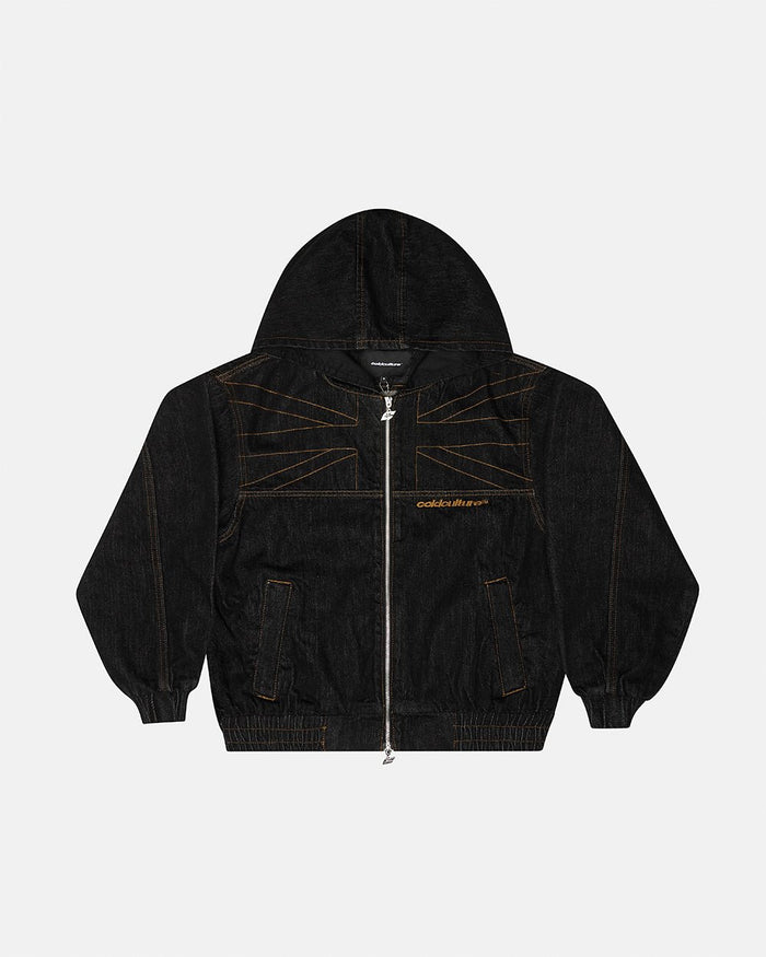 TOP BOY JACKET BLACK DENIM - black denim hooded jacket, front view - Cold Culture