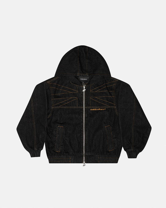 TOP BOY JACKET BLACK DENIM - black denim hooded jacket, front view - Cold Culture