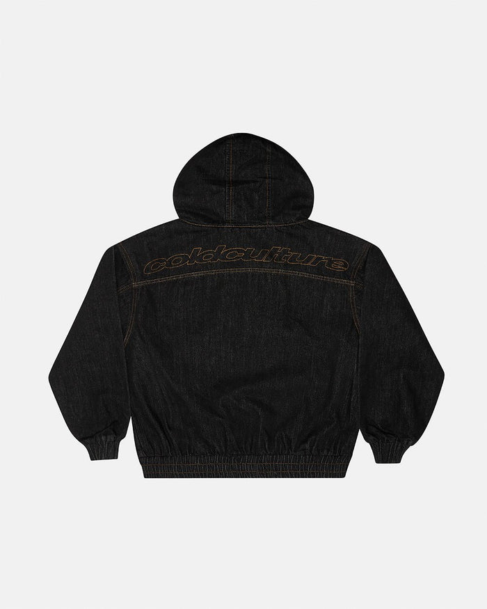 TOP BOY JACKET BLACK DENIM - black denim hooded jacket, back view - Cold Culture