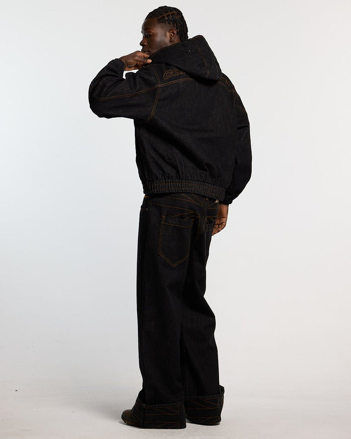 TOP BOY JACKET BLACK DENIM - black denim hooded jacket, back view on male model - Cold Culture #man