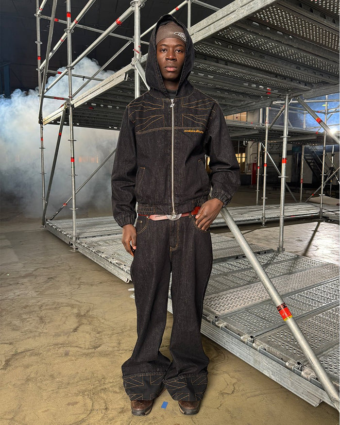 TOP BOY JACKET BLACK DENIM - black denim hooded jacket, street style shot - Cold Culture