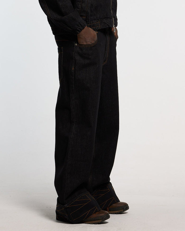 TOP BOY PANTS BLACK DENIM - black denim baggy pants, worn detail - Cold Culture #man
