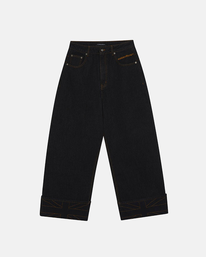 TOP BOY PANTS BLACK DENIM - black denim baggy pants, front view - Cold Culture