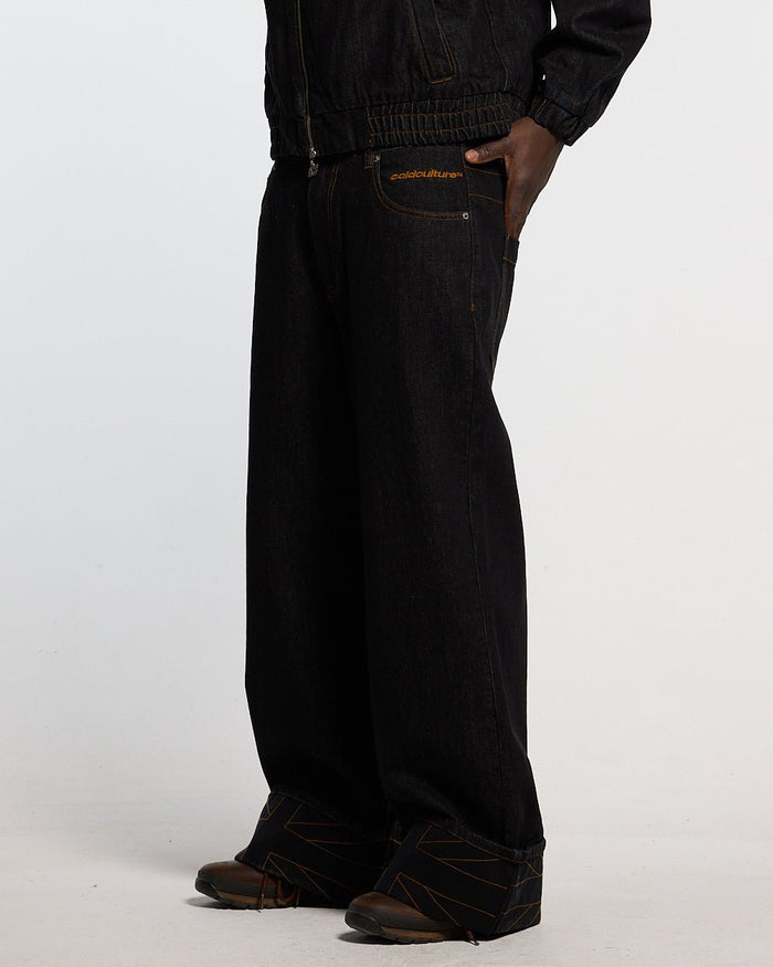 TOP BOY PANTS BLACK DENIM - black denim baggy pants, worn detail - Cold Culture #man