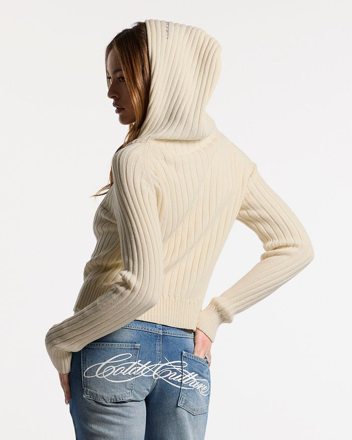 TRACK HOOD ZIP KNIT OFF-WHITE - off white hooded knit sweater, side view - Cold Culture #woman
