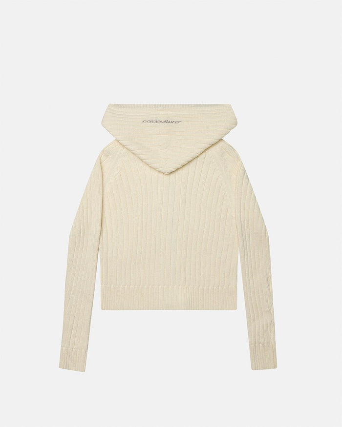 TRACK HOOD ZIP KNIT OFF-WHITE - off white hooded knit sweater, back view - Cold Culture