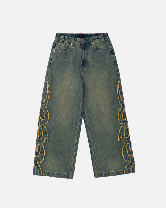 TRIBAL DISTRESSED V2 PANTS GREEN WASHED DENIM - distressed green denim pants, front view - Cold Culture