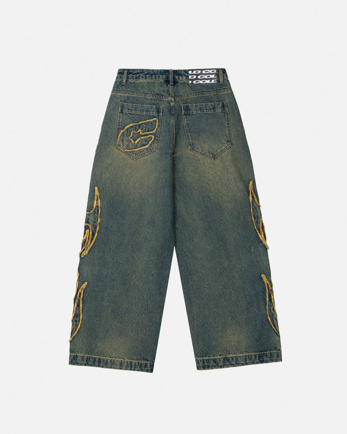 TRIBAL DISTRESSED V2 PANTS GREEN WASHED DENIM - distressed green denim pants, back view - Cold Culture