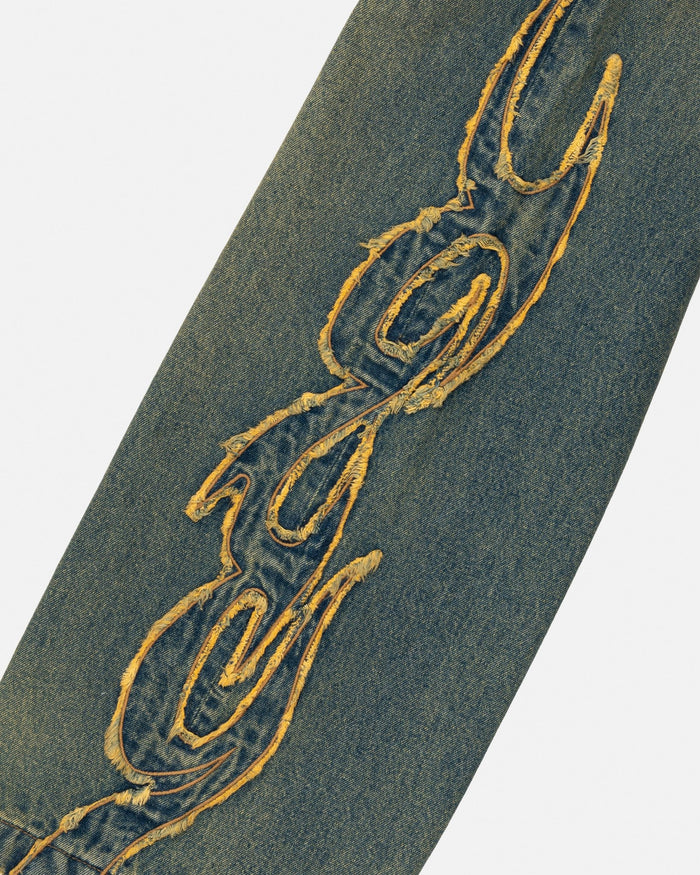 TRIBAL DISTRESSED V2 PANTS GREEN WASHED DENIM - distressed green denim pants, detail close-up - Cold Culture
