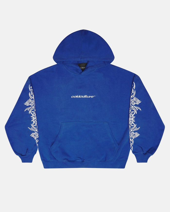 TRIBAL HOODIE BLUE - blue tribal print hoodie, front view - Cold Culture