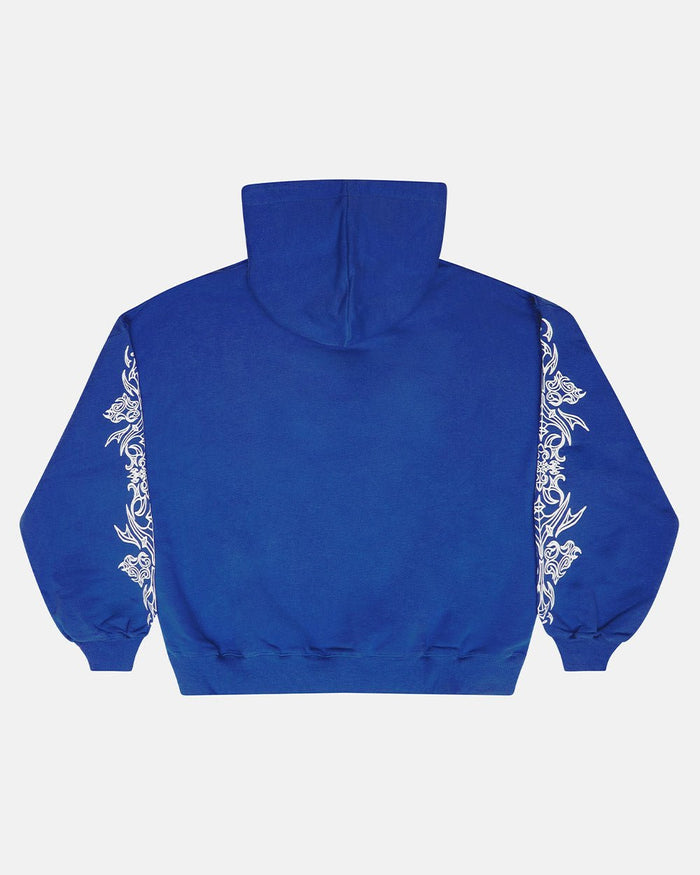 TRIBAL HOODIE BLUE - blue tribal print hoodie, back view - Cold Culture