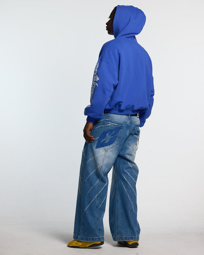 TRIBAL HOODIE BLUE - blue tribal print hoodie, back view on male model - Cold Culture #man