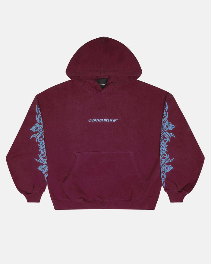TRIBAL HOODIE BURGUNDY - burgundy tribal print hoodie, front view - Cold Culture