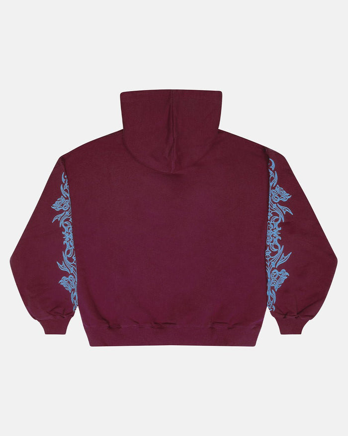 TRIBAL HOODIE BURGUNDY - burgundy tribal print hoodie, back view - Cold Culture