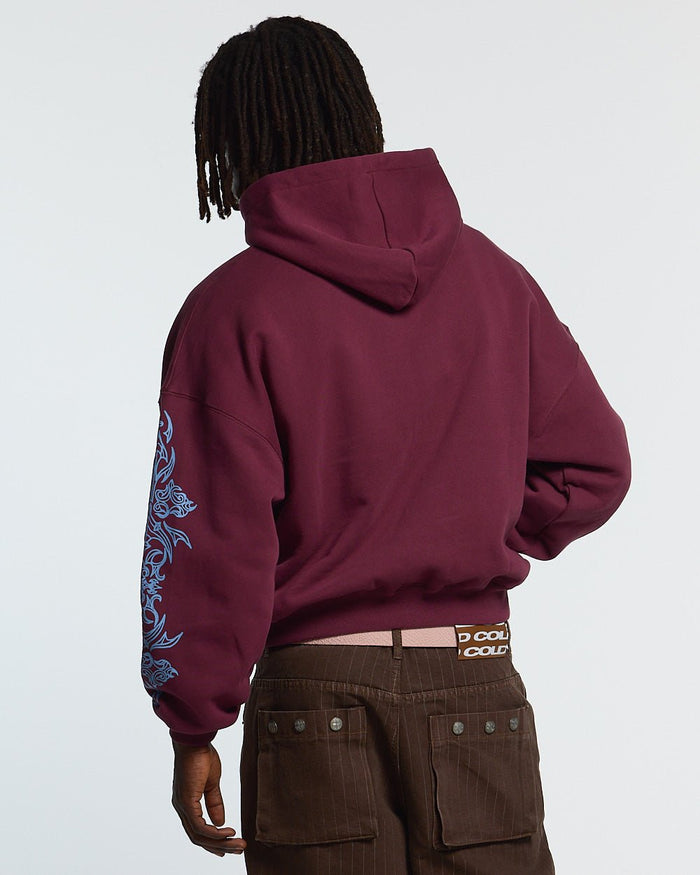 TRIBAL HOODIE BURGUNDY - burgundy tribal print hoodie, back view on male model - Cold Culture #man