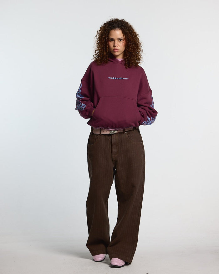 TRIBAL HOODIE BURGUNDY - burgundy tribal print hoodie, front view on female model - Cold Culture #woman