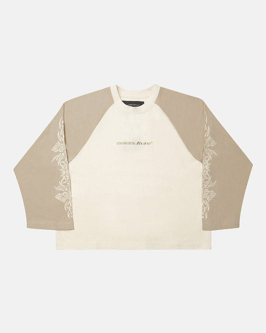 TRIBAL LONGSLEEVE GREY & OFF WHITE - off white tribal longsleeve tee, front view - Cold Culture