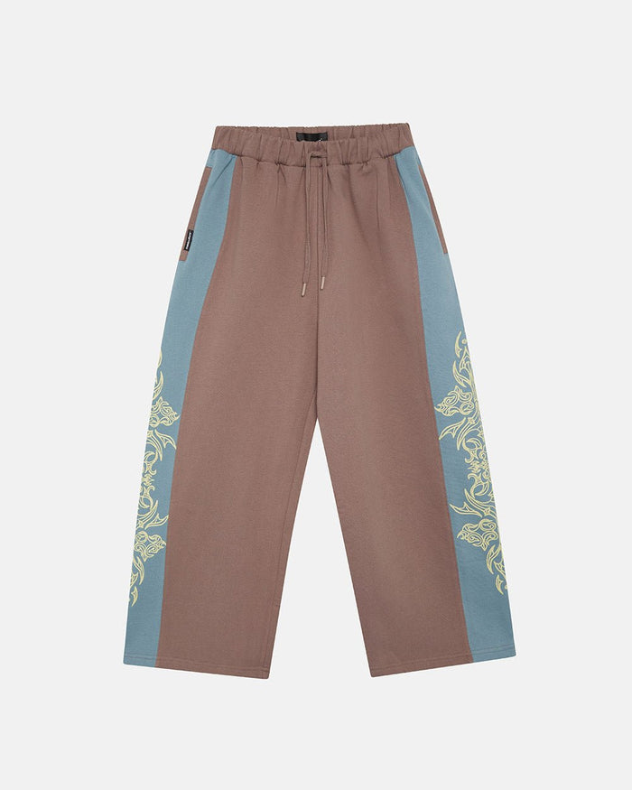 TRIBAL SWEATPANTS BROWN & BLUE - brown and blue tribal sweatpants, front view - Cold Culture