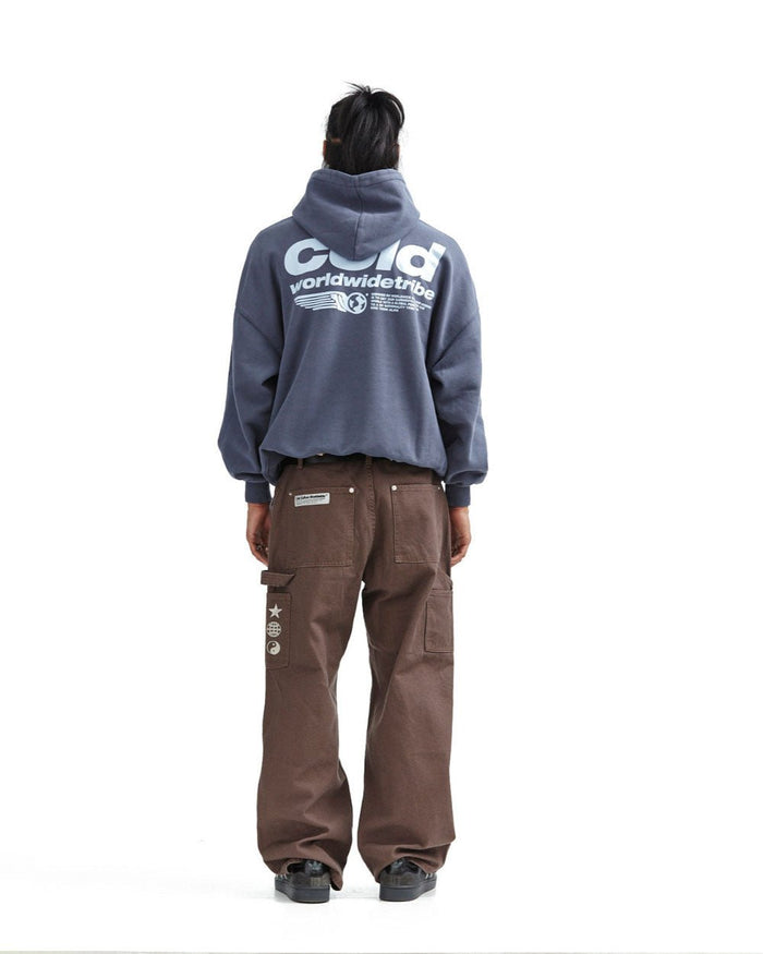 TRIBE HOODIE INDIA INK - dark blue graphic print hoodie, back view on male model - Cold Culture #man