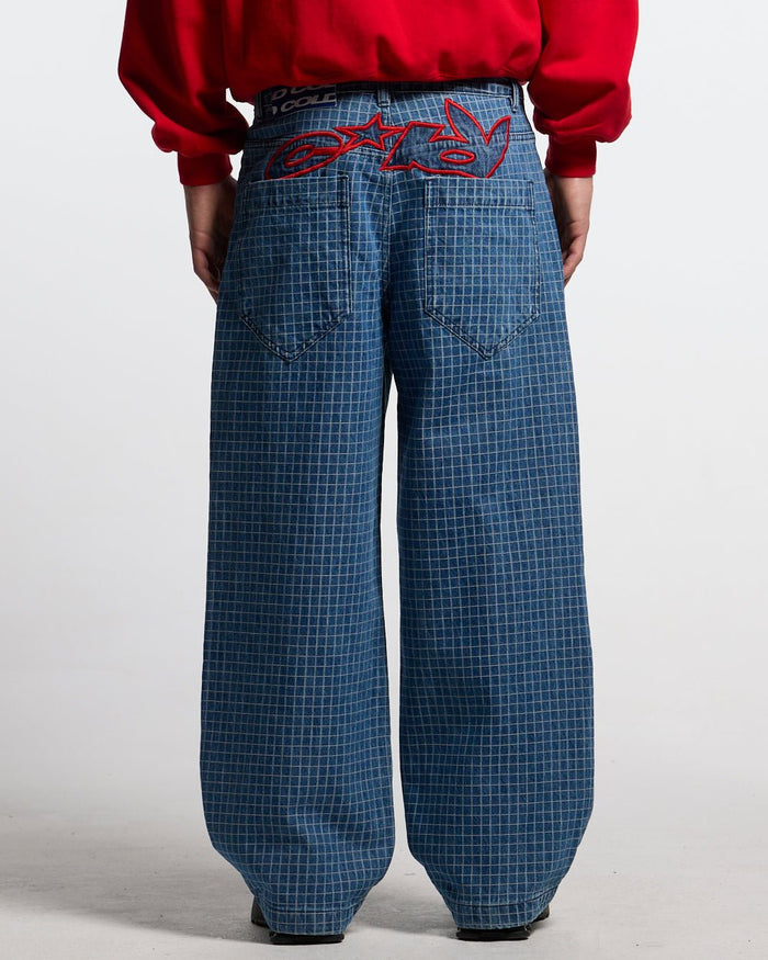 TRUCK DRIVER V2 PANTS BLUE - blue checked pants, back view on male model - Cold Culture #man