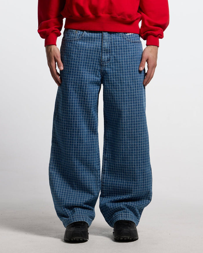 TRUCK DRIVER V2 PANTS BLUE - blue checked pants, front view on male model - Cold Culture #man