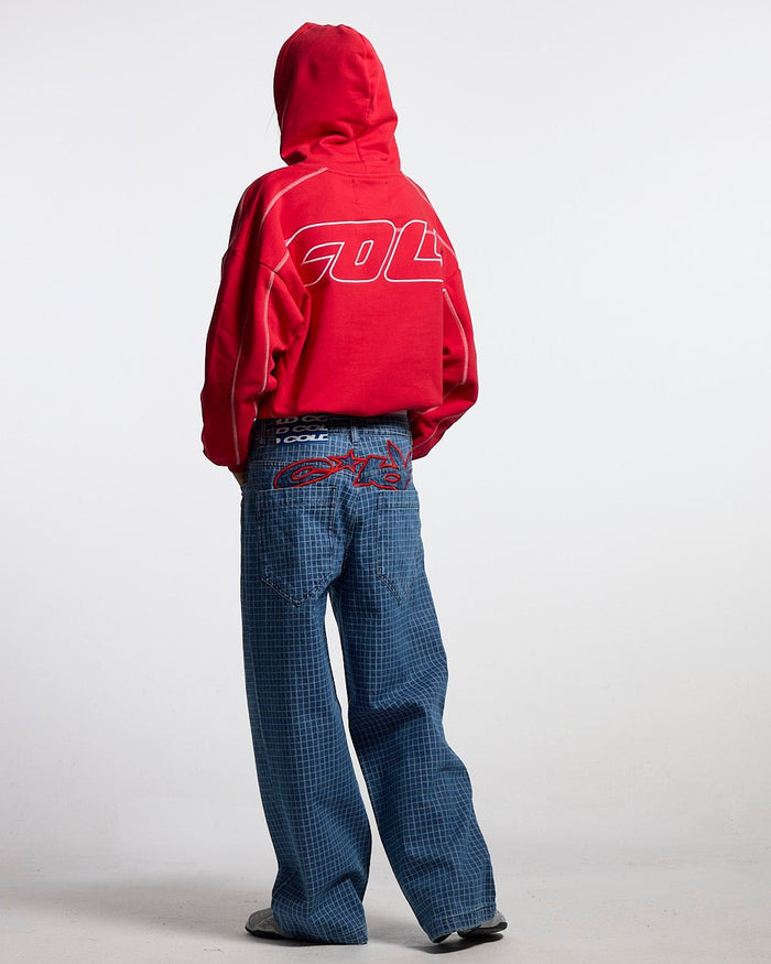 TRUCK DRIVER V2 PANTS BLUE - blue checked pants, back view on male model - Cold Culture #woman