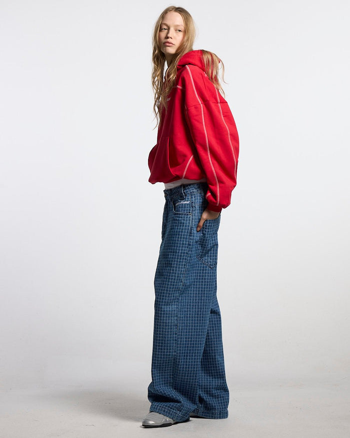 TRUCK DRIVER V2 PANTS BLUE - blue checked pants, side view - Cold Culture #woman