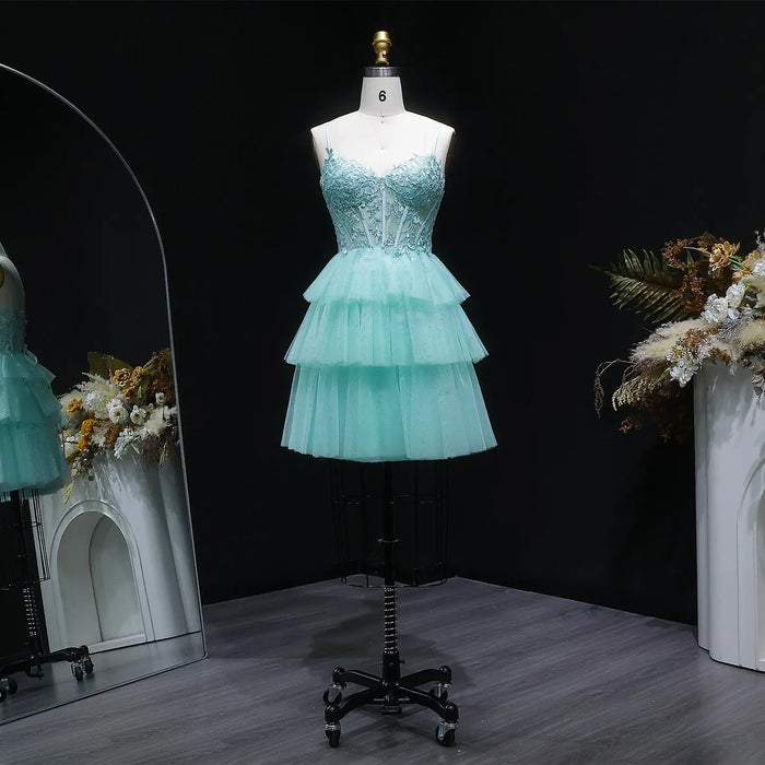 Turquoise Beaded Corset Tiered Tulle Homecoming Dress with Lace-Up Back RM141 Sheer Fairy