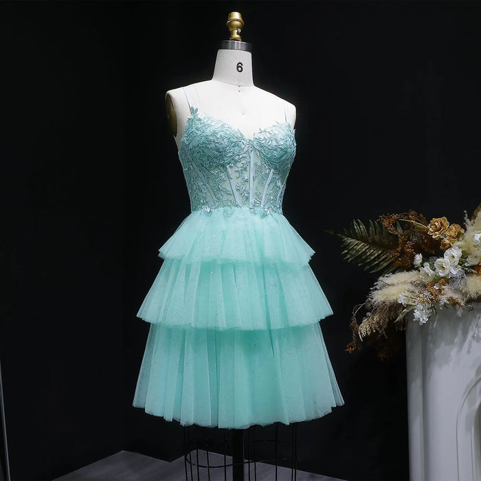 Turquoise Beaded Corset Tiered Tulle Homecoming Dress with Lace-Up Back RM141 Sheer Fairy