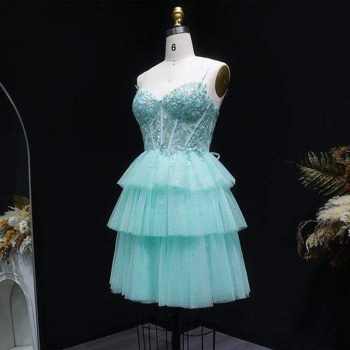 Turquoise Beaded Corset Tiered Tulle Homecoming Dress with Lace-Up Back RM141 Sheer Fairy