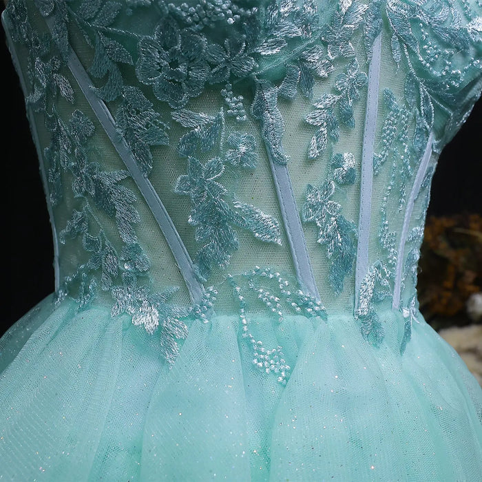 Turquoise Beaded Corset Tiered Tulle Homecoming Dress with Lace-Up Back RM141 Sheer Fairy