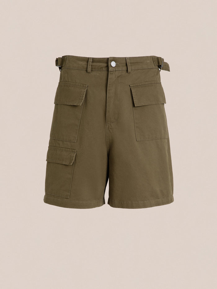 The Found women's twill cargo shorts in olive green feature adjustable waist tabs.