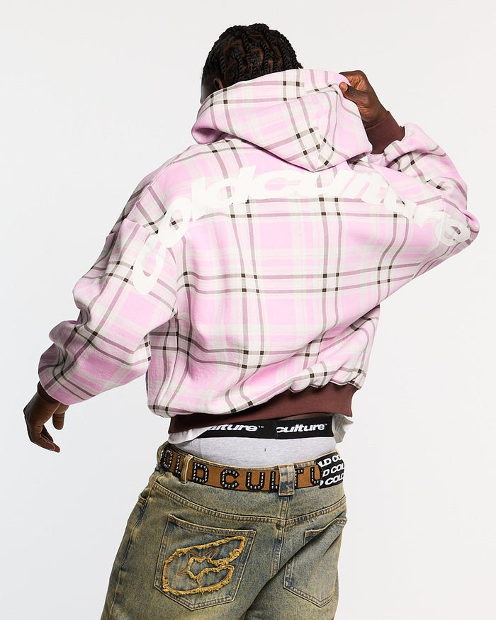 TWO FACES HOODIE BROWN & PINK - pink plaid hoodie, back view on male model - Cold Culture #man