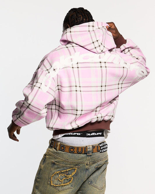 TWO FACES HOODIE BROWN & PINK - pink plaid hoodie, back view on male model - Cold Culture #man