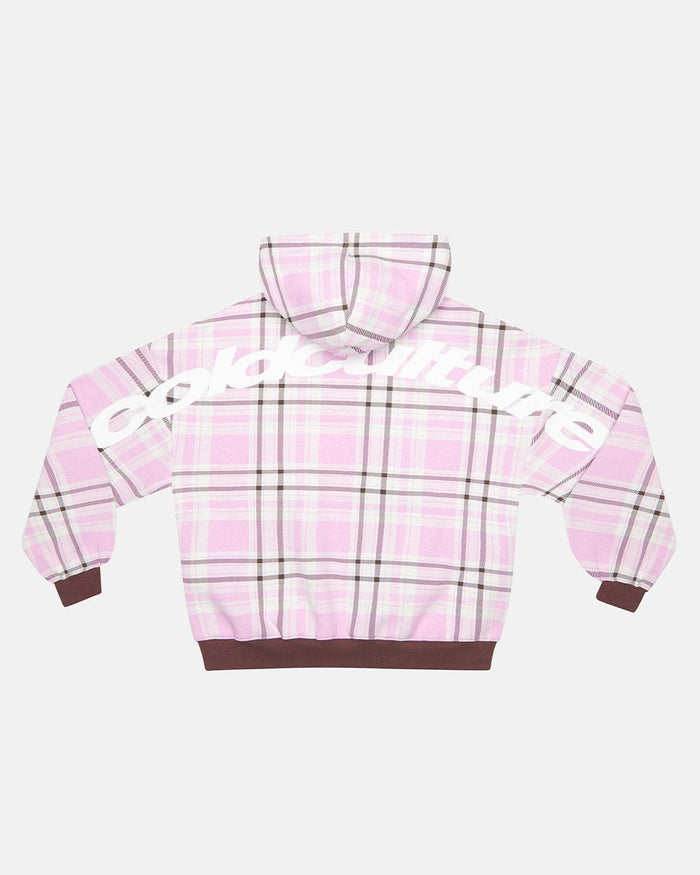 TWO FACES HOODIE BROWN & PINK - pink plaid hoodie, back view - Cold Culture