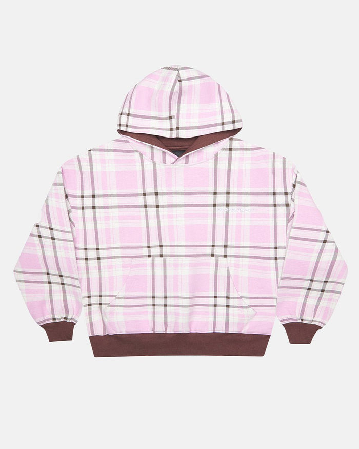 TWO FACES HOODIE BROWN & PINK - pink plaid hoodie, front view - Cold Culture